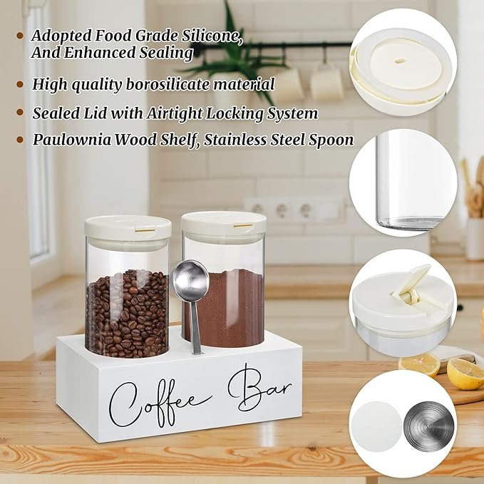 4 Coffee Glass Containers, Coffee Organizer Shelf, Glass Jars with Spoon, Two 48oz Glass Coffee Bean Storage with Airtight Clamp Canister for Coffee Bean, Ground Coffee, Nuts