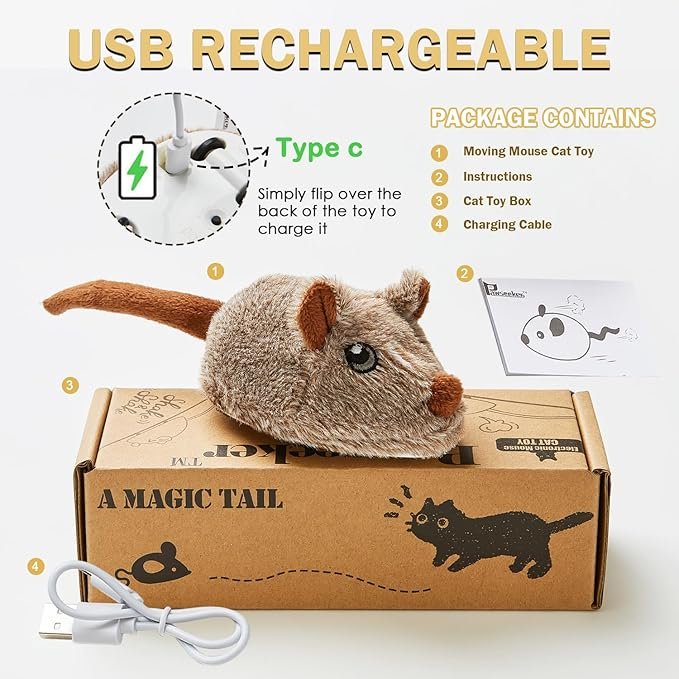 4 Cat Toys Squeaky Rechargeable Moving Mouse with Dynamic Magic Tail, Automatic Self Play Mouse Interactive Cat Toy for Indoor Cats, Electric Motion Activated Mice Toys for Kitten