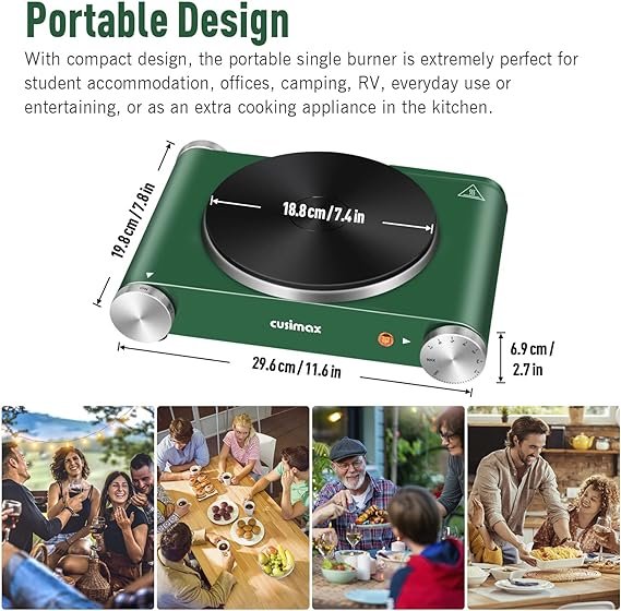 3 Cusimax Hot Plate Electric Burner Single Burner Cast Iron hot plates for cooking Portable Burner with Adjustable Temperature Control Stainless Steel Non-Slip Rubber Feet, Upgraded Version (Cast Iron, Green Single Burner)