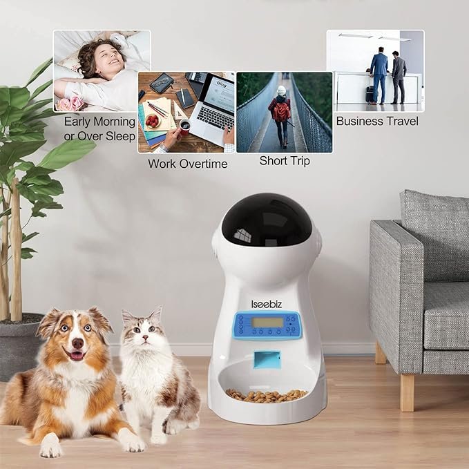 3 Iseebiz Automatic Cat Feeder, 101oz/3L Timed Cat Feeder for Dry Food with Anti-Clog Design, Up to 4 Meals with Portion Control, Dual Power Supply &10s Voice Recorder for Small Medium Cats Dogs