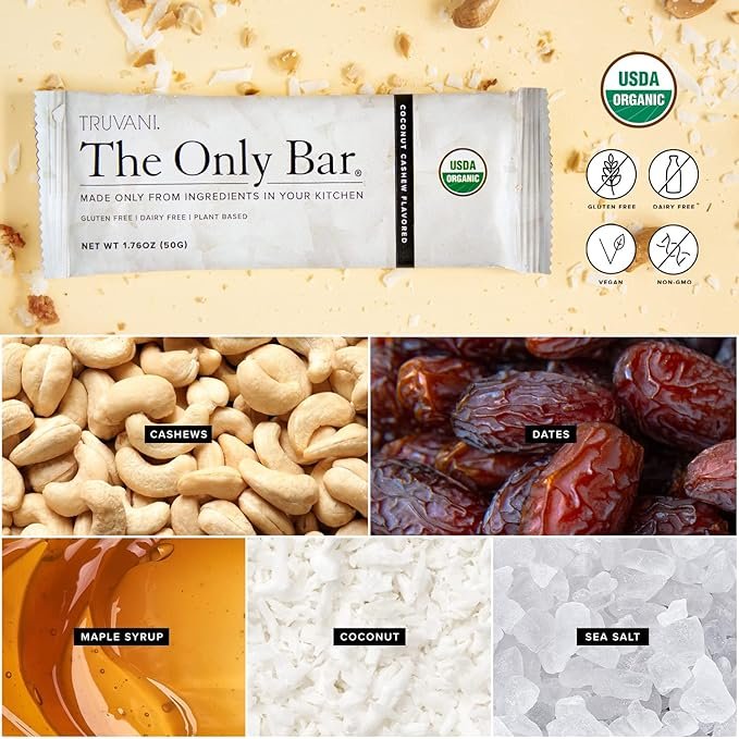 2 Truvani Plant Based Snack Bars | 5g Protein | 12 Pack Coconut Cashew | Organic | Vegan | The Only Bar | Dairy, Soy, and Gluten Free | Individually Wrapped