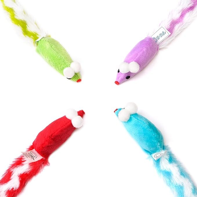 4 CHIWAVA 4 Packs 15 Inch Long Soft Plush Cat Toys Mice with Rattle Rustle Sound Small Mouse Activity Interactive Toy