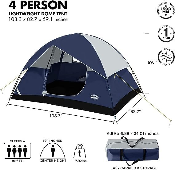 1 Pacific Pass 2/4/6 Person Family Dome Tent with Removable Rain Fly, Easy Setup for Camp Outdoor