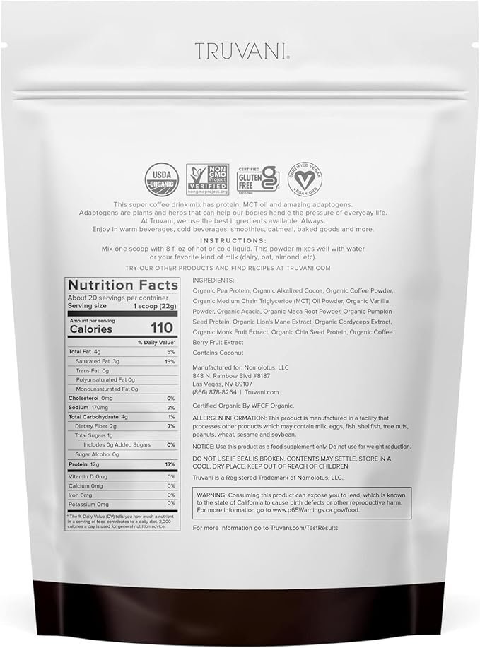 1 Truvani Protein + Energy Drink Mix | 87mg Caffeine | 12g Protein | Chocolate Mocha | 20 Servings | USDA Organic, Vegan, Dairy & Gluten-Free, Non-GMO
