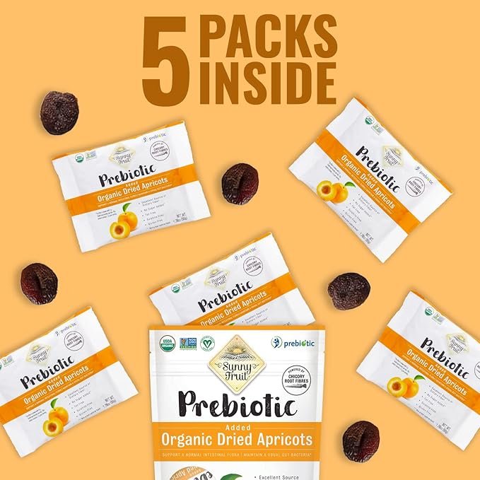 5 Sunny Fruit Organic Prebiotic Apricots - 1 Bag (5 Individual Portion Packs) | Convenient Snack Packs with Prebiotic Fiber | ORGANIC, NON-GMO, VEGAN, KOSHER, HALAL, NO PRESERVATIVES, NO SUGAR ADDED