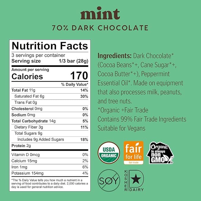 1 Theo Chocolate Mint Organic Dark Chocolate Bar, 70% Cacao, 6 Pack | Vegan, Fair Trade