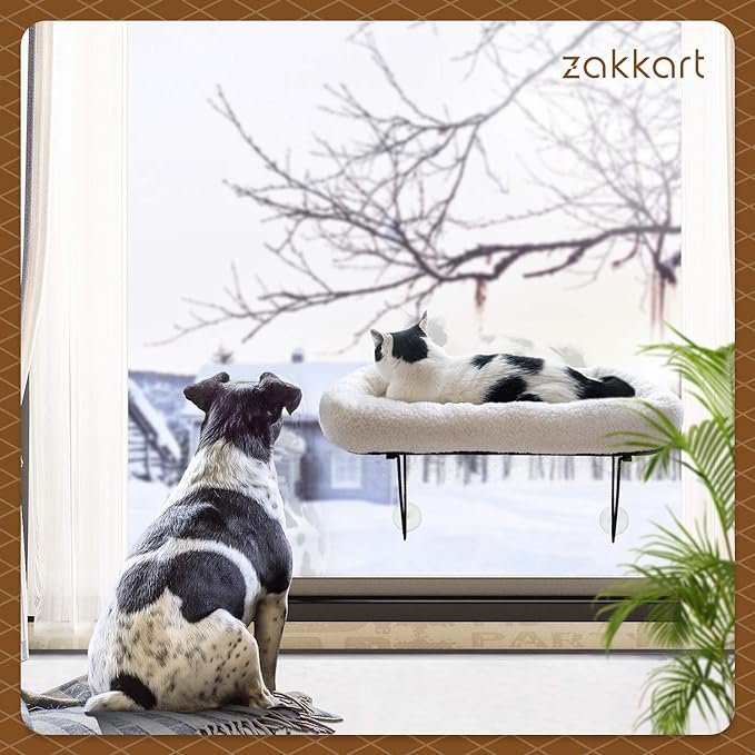 3 Zakkart Cat Window Perch - 100% Metal Supported from Below - Comes with Warm Spacious Pet Bed - Cat Window Hammock for Large Cats & Kittens - for Sunbathing, Napping & Overlooking (White)