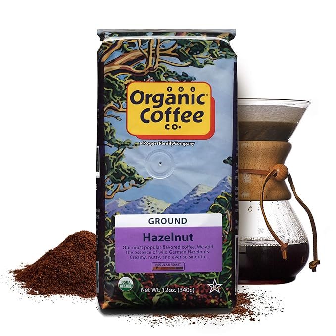 2 The Organic Coffee Co. Ground Coffee - Hazelnut Crème (12oz Bag), Flavored, Medium Roast, USDA Organic