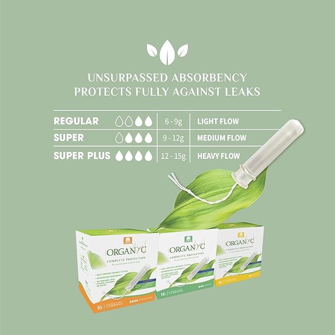 4 Organyc - 100% Certified Organic Cotton Tampons - Plant-Based Eco-Applicator (Regular Flow, 96 Count (Pack of 6))