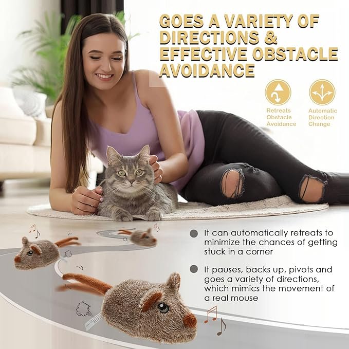 1 Cat Toys Squeaky Rechargeable Moving Mouse with Dynamic Magic Tail, Automatic Self Play Mouse Interactive Cat Toy for Indoor Cats, Electric Motion Activated Mice Toys for Kitten