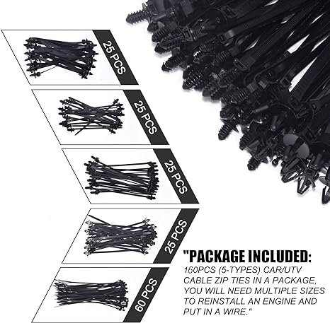 1 160-Piece Universal Nylon Cable Mounting Zip Ties: Self-Locking Straps for Indoor Wire Tying in Construction, Automotive, and More. Featuring 5 Commonly Used Sizes, with Heavy-Duty UV Resistance.