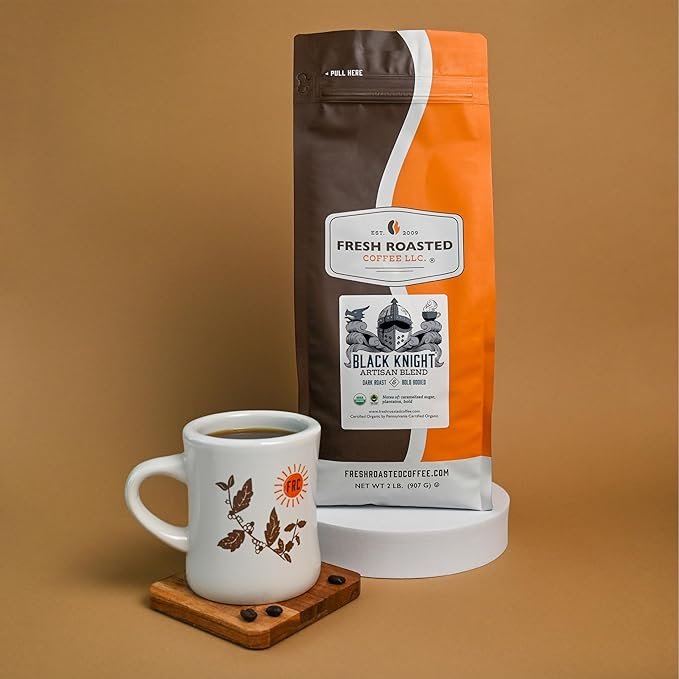 2 Fresh Roasted Coffee, Fair Trade Organic Black Knight, 2 lb (32 oz), Dark Roast, Kosher, Whole Bean