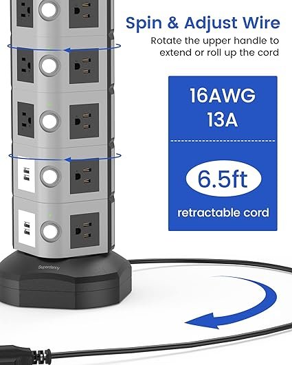 4 SUPERDANNY Surge Protector - 3000W 13A 18 Outlet Power Strip with 4.2A 4 USB Port & 6.5ft 16AWG Extension Cord - Universal Fast Charging Multi Socket for Home Office