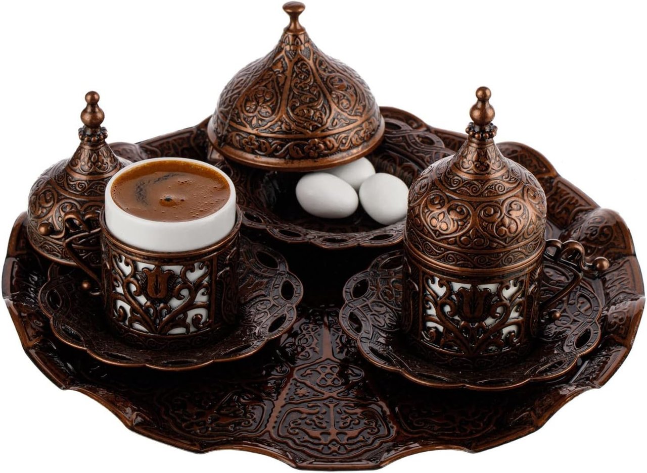 3 DEMMEX 2023 Authentic Turkish Greek Arabic Coffee Complete Set with Cups, Saucers, Lids, Sugar Bowl, Tray, and Copper Coffee Pot, 12 Pieces
