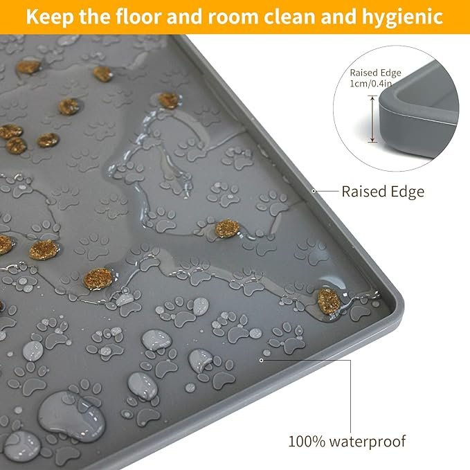 4 Ptlom Pet Placemat for Dog and Cat, Mat for Prevent Food and Water Overflow, Suitable for Small, Medium and Big Pet, 18" 12", Grey, Silicone