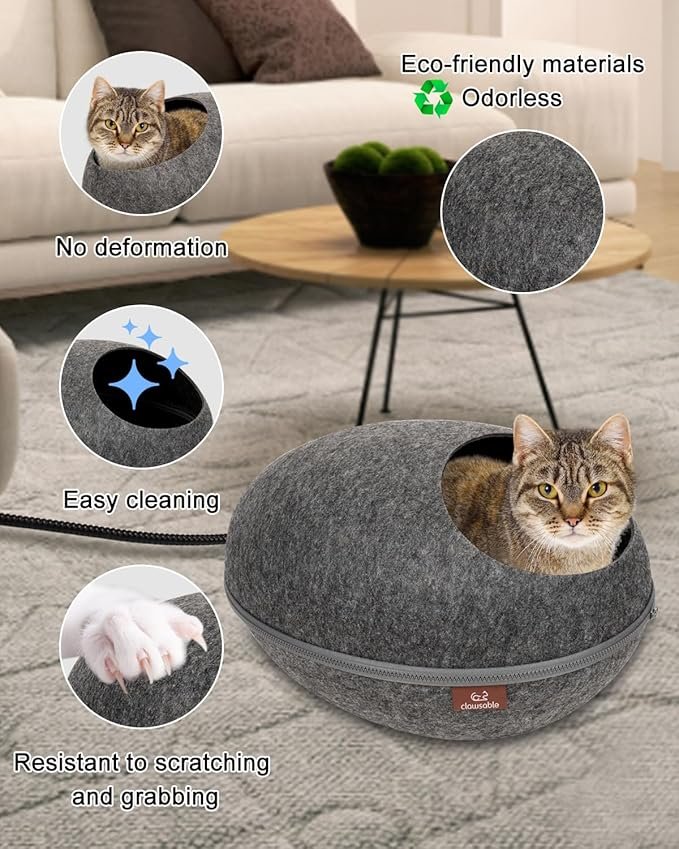 1 clawsable Heated Cat Bed for Large Cats, 19" Detachable Cave Heated Pet Bed with Time & Temp Adjustable Pet Heating Pad for Indoor Cat, Electric Cat Bed Heater Warmer for Cat (Deep Gray)