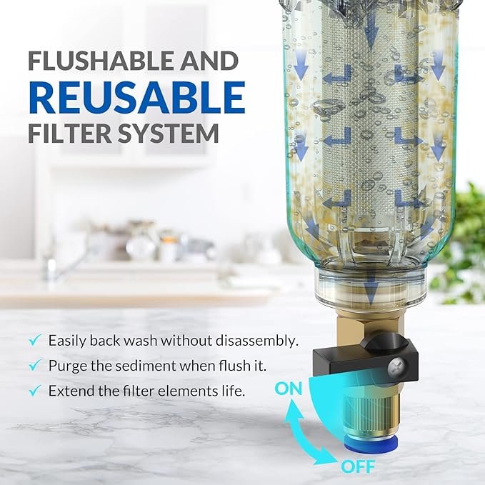 3 SimPure Reusable Sediment Filter System, Enhanced Pre-Filtration for City/Well Water, 1 MNPT + 3/4 FNPT + 3/4 MNPT, BPA Free