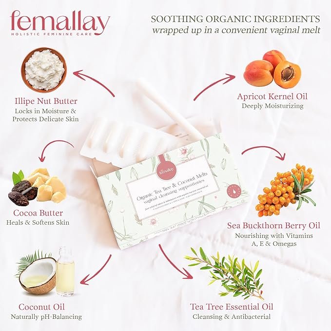 4 Femallay Organic Tea Tree & Oil Vaginal Cleansing Suppositories for Hygiene, 100% Natural Melts for Feminine Care, Great for Dryness and More, 7 Individually-Sealed Melts + 1 Applicator