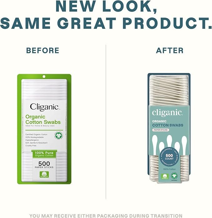 1 Cliganic Organic Cotton Swabs, 500 Count - 100% Pure Natural Cotton, Chlorine-Free Hypoallergenic, Soft, Gentle & Absorbent Buds