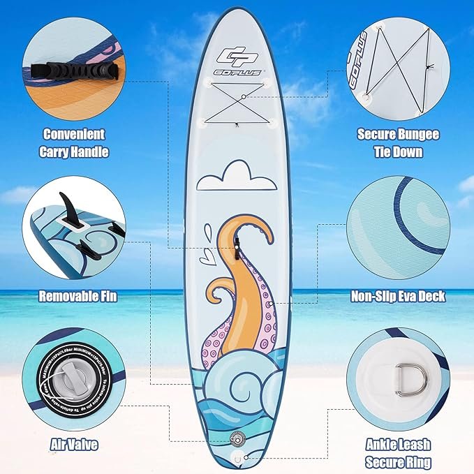 3 Goplus Air-Filled Upright Paddle Board, Portable SUP Board with Adjustable Paddle, Transport Bag Manual Pump Fix Kit Detachable Fin for All Proficiency Levels, 6-Inch Thickness