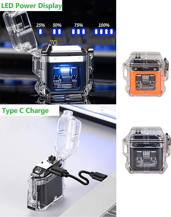 2 Waterproof Rechargeable Electric Lighter, Dual Arc Flame with LED Power Display, Plasma Lighter with USB Charging Cable, Lanyard for Outdoor Survival Adventures Camping, Hiking (Orange)