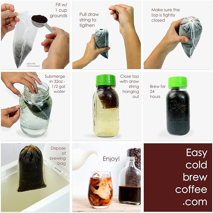 1 Mess-Free Cold Brew Coffee Filters - Convenient, One-time Filtration Sock Packs, Eco-friendly, Compostable Fine Mesh Brewing Bags for Coffee Concentrate, French/Cold Press Kit, Hot Tea in Container