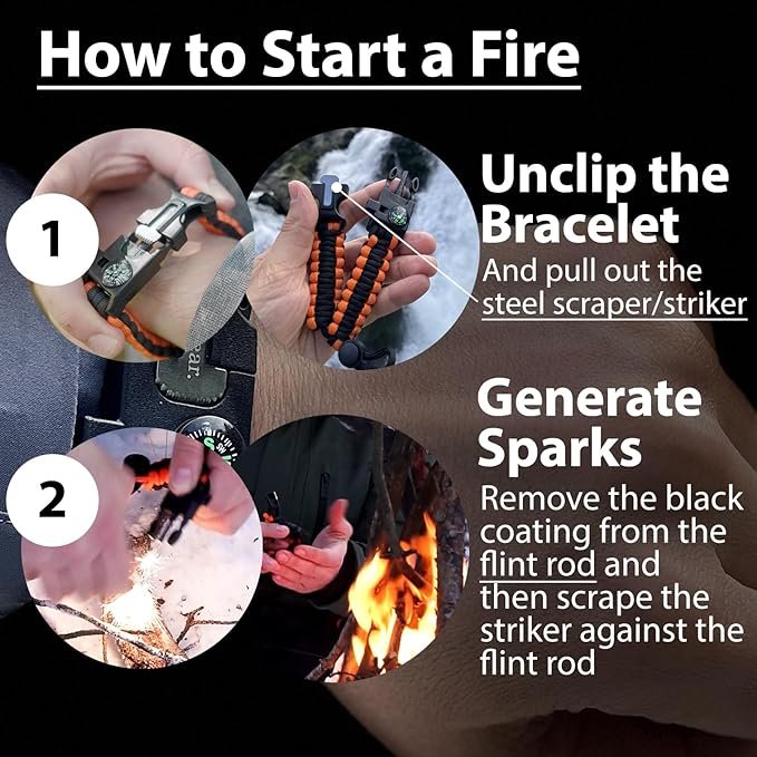 2 Paracord Survival Bracelets - Compass, Flint Fire Starter, Whistle, Adjustable Wrist Size - Camping, Hiking, Emergency Kit (Black & Orange, Pair)