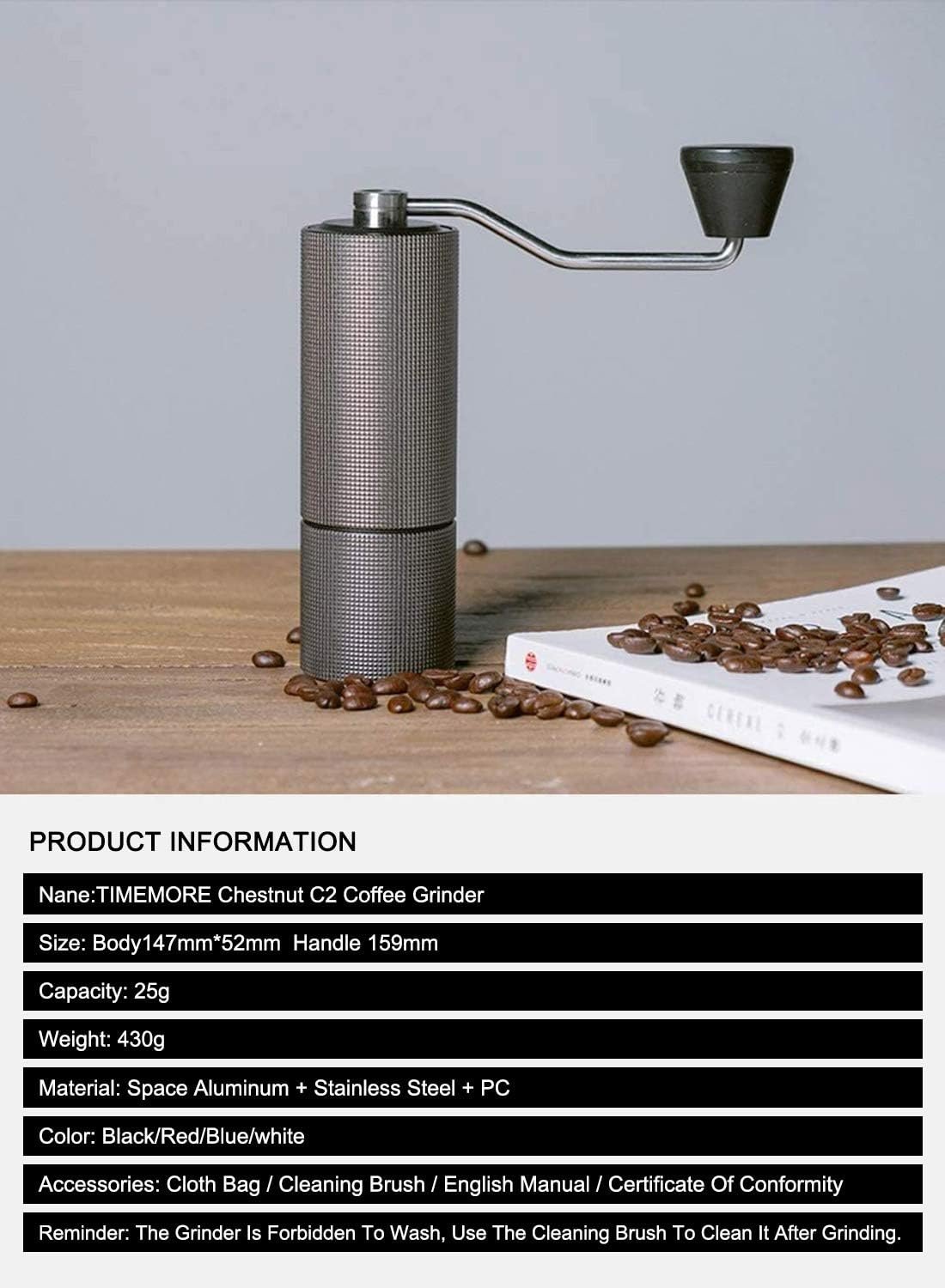 3 C2 Manual Coffee Grinder by TIMEMORE with Stainless Steel Conical Burr