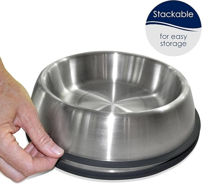 1 PetFusion Premium Brushed Anti-Tip Dog & Cat Bowls (Set of 2 Bowls). Food Grade Stainless Steel. Bonded Silicone Ring for Traction, 14 oz, Metallic