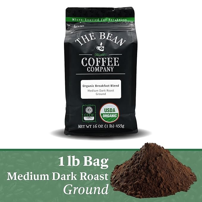 1 The Bean Organic Coffee Company Breakfast Blend, Medium Dark Roast, Ground Coffee, 16-Ounce Bag, Café molido tostado orgánico