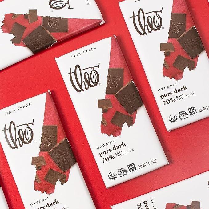 3 Theo Chocolate Pure Organic Dark Chocolate Bar, 70% Cacao, 6 Pack | Vegan, Fair Trade