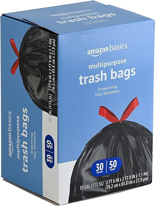 1 Amazon Basics Multipurpose Drawstring Trash Bags, Unscented, 30 Gallon, 50 Count (Previously Solimo)