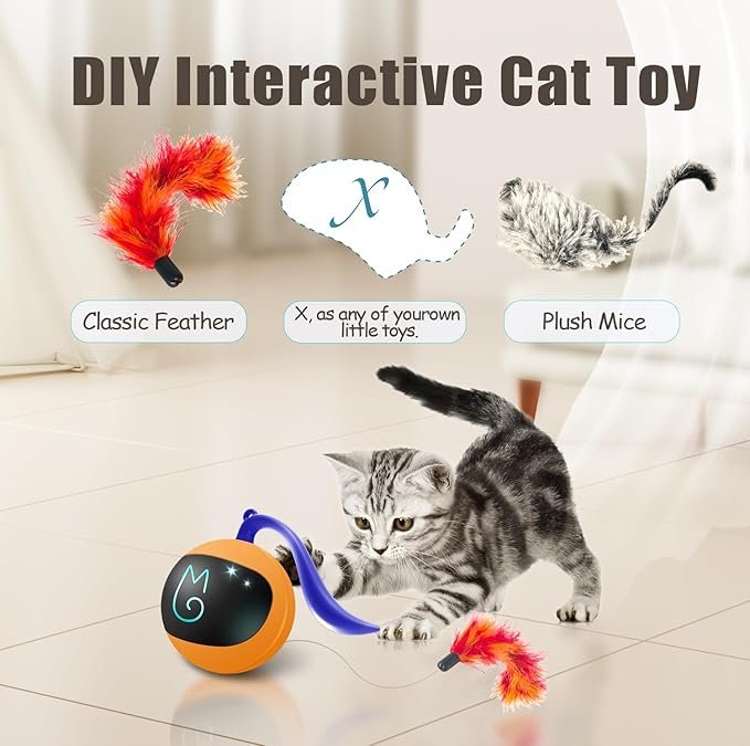 1 Migipaws Interactive Cat Ball Toy Set, Fun Tracker, Automatic Rolling Chase Ball with Fluffy Tail, A Small Mice, Rechargeable（Orange）