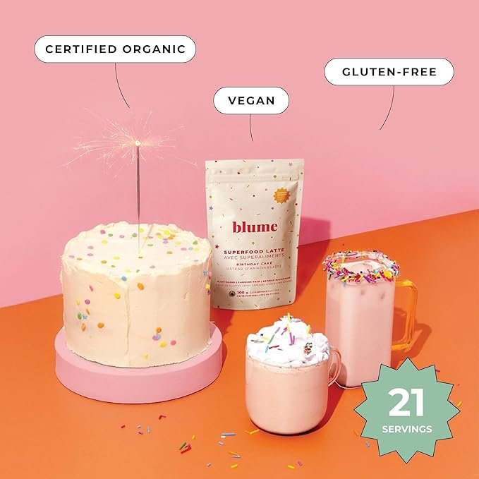 3 Blume Birthday Cake Latte Powder |Vegan & Gluten Free with Maca, Beetroot, Cinnamon & Coconut Milk | Add to Iced Coffee, Smoothies, or Baked Goods - 21 Servings (100 g)