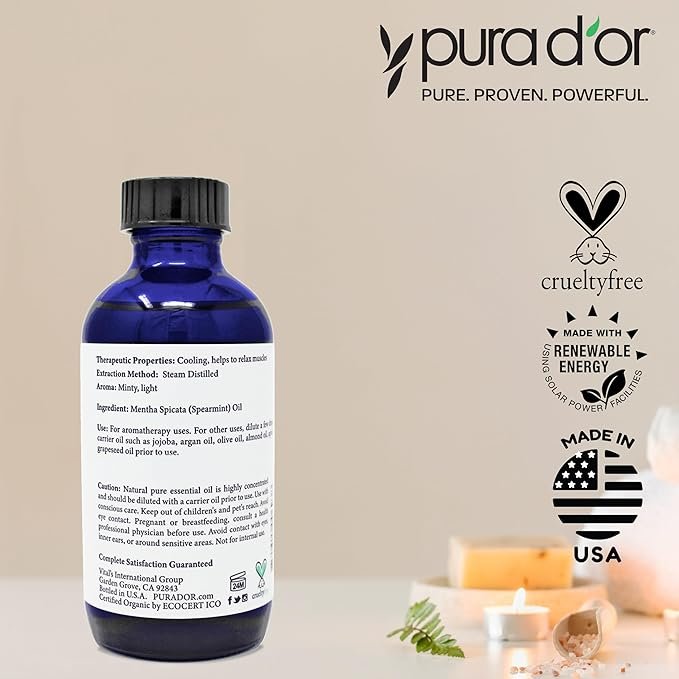 3 PURA D’OR Spearmint Essential Oil (4oz / 118mL) USDA Organic Pure & Natural Therapeutic Grade Diffuser For Aromatherapy, Focus, Concentration, Mood Uplift
