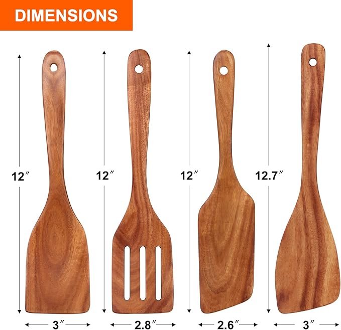 4 Best Wooden Spatula for Cooking Non Stick Kitchen Utensils Teak Wood Spatula Set of 4 Flat Slotted Turner Spatula for Baking Mixing Scraping Fish Spatula Wood Cooking Utensil Set Egg Flipper Spatula