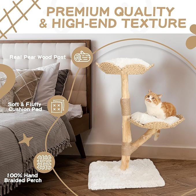 1 Wood Cat Tree Modern Cat Climbing Tower for Indoor Cats with 2 Perch, 36” Tall Multi-Level Cat Tower Furniture, Soft Plush Cat Scratch Tree for Kittens Small Cats, Gift for Cat Lover