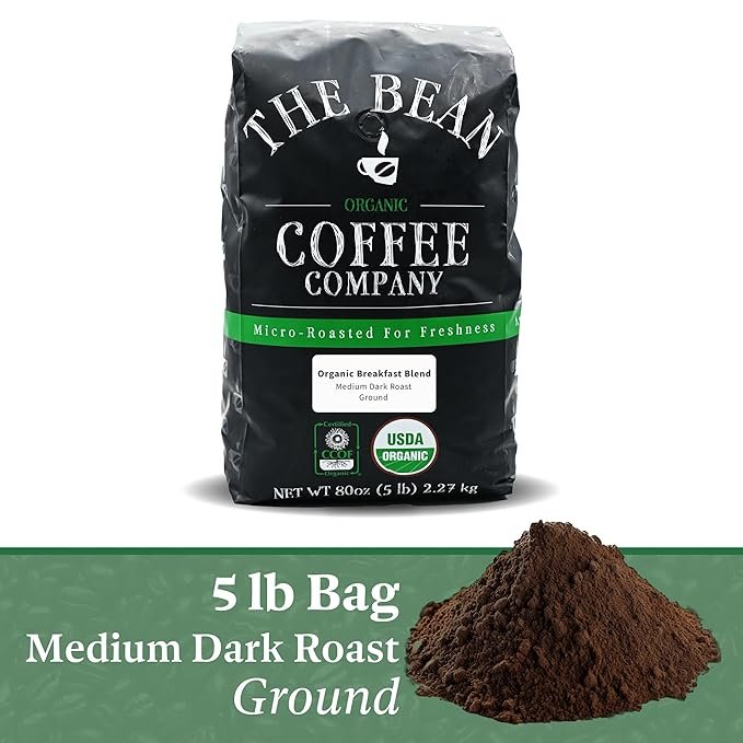 1 The Bean Organic Coffee Company Breakfast Blend, Medium Dark Roast, Ground Coffee, 5-Pound Bag, Café molido tostado orgánico