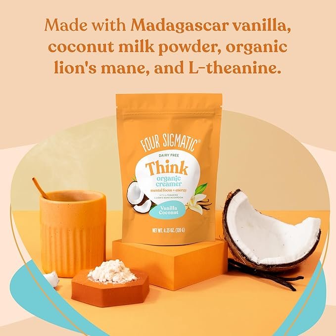 3 Think Vanilla Coconut Coffee Creamer by Four Sigmatic | Organic Coffee Creamer with Lion’s Mane and L-theanine | Powdered Coconut Creamer | Non Dairy Creamer Powder | 4.23 oz