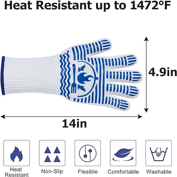 1 HeatGuard BBQ Gloves, High-Temperature Resistant Oven Mitts, Non-Slip Grilling Silicone Gloves, Kitchen Safety Gloves for Grill, Cook, Bake - Set of 2… (Universal Size with Extended Cuff, Blue)