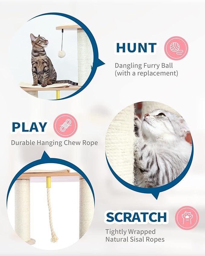 4 Made4Pets Cat Tree, Modern Cat Tree Tower for Indoor Cats - 65" Tall Wood Condo with Hammock, Scratching Post and Removable Pads for Small Large Cats