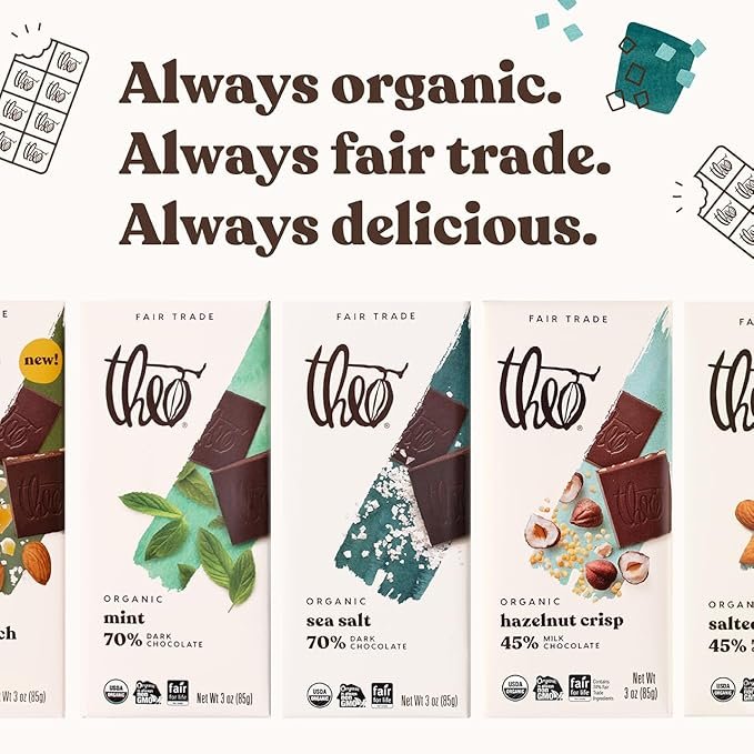 4 Theo Chocolate Sea Salt Organic Dark Chocolate Bar, 70% Cacao, 6 Pack | Vegan, Fair Trade