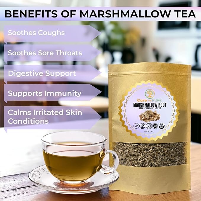 1 Cure wid Pure Organic Marshmallow Root Herb 4 Oz – Cut & Sifted Marshmallow Root Tea in Eco-Friendly Resealable Bag Versatile Choice for Herbal Tea, Marshmallow Root Powder, Tinctures & More
