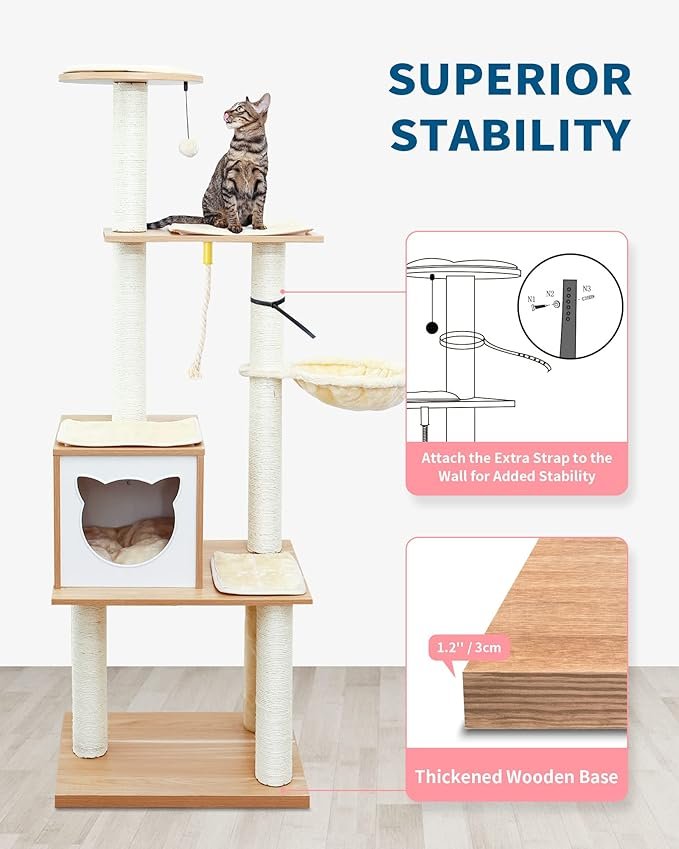 2 Made4Pets Cat Tree, Modern Cat Tree Tower for Indoor Cats - 65" Tall Wood Condo with Hammock, Scratching Post and Removable Pads for Small Large Cats
