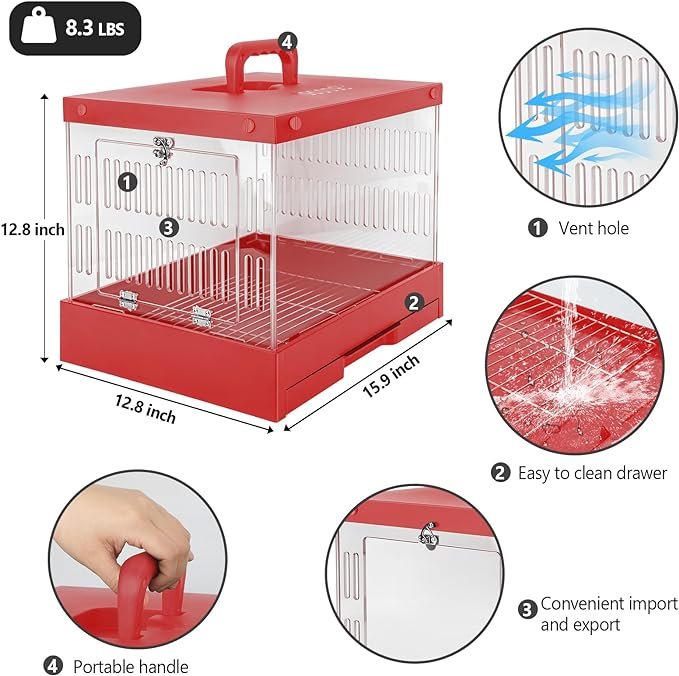 1 DBOODB Cat Carrier Hard Pet Dog Rabbit Reptile Carrier 360° View of Your pet Suitable Small Medium 15.9" x 12.8" x 12.8" pet Travel Indoor Outdoor pet Carrier (Red)
