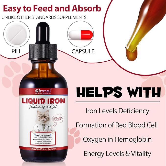 4 Liquid Iron Supplements for Cats,60ML,LiquiI Iron with Vitamin C and B12,Supports Anemia, Low Enery Levels and Lethargy,Promotes Blood Health, Helps with Formation of Red Blood Cell