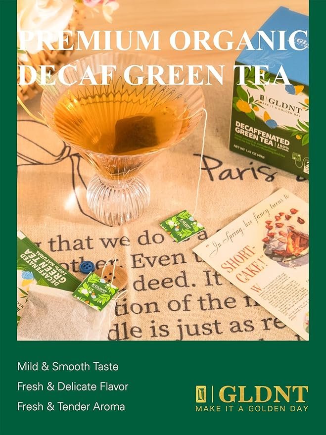 2 GLDNT Decaf Green Tea Bags, Decaffeinated Green Tea, Individually Wrapped, Smooth Flavor, Iced & Hot Tea, 20 Count