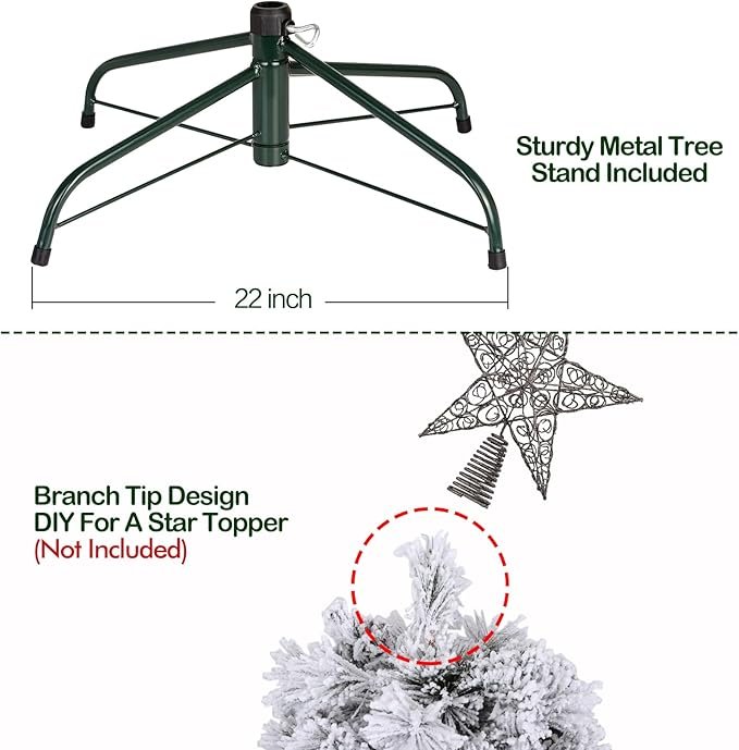 5 Hykolity 7.5 ft Snow Flocked Christmas Tree with Pine Cones, Artificial Christmas Tree wih 450 Warm White Lights, 1446 Tips, Metal Stand and Hinged Branches