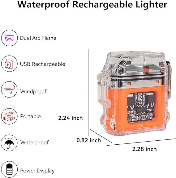 1 Waterproof Rechargeable Electric Lighter, Dual Arc Flame with LED Power Display, Plasma Lighter with USB Charging Cable, Lanyard for Outdoor Survival Adventures Camping, Hiking (Orange)