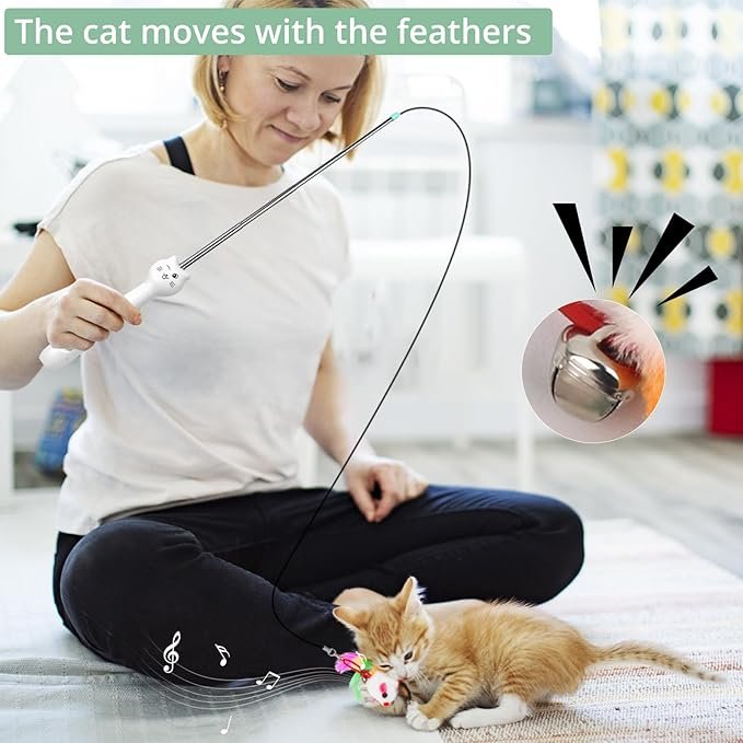 3 Cat Toy Interactive, Rechargeable Laser Pointer, Cat Wand with Feather Toy, 2-in-1 Cat Toy for Indoor Cat, Kitten Pet Laser Toy for Fun Playing, White